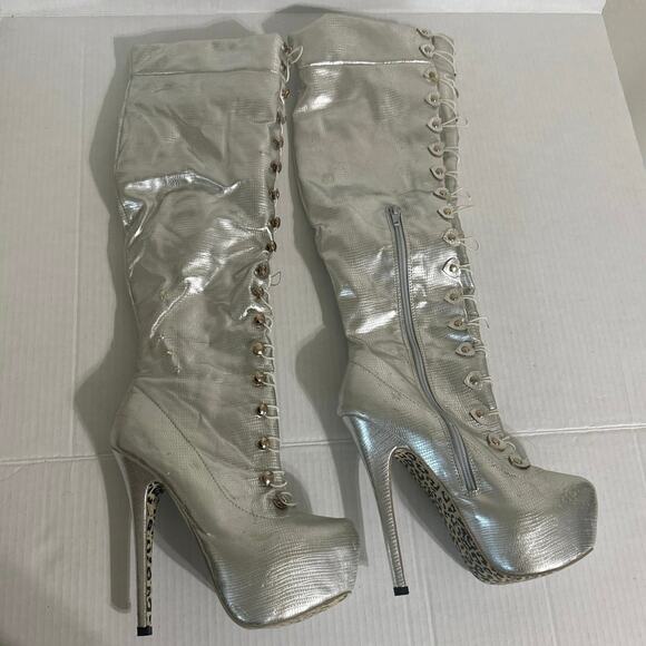 Ami Club wear Silver stiletto knee boots 6.5 with silver see pics for flaws - Picture 2 of 14